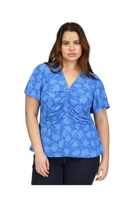 Plus Size Ruched Flutter-Sleeve Top Grecian Blue, 0X