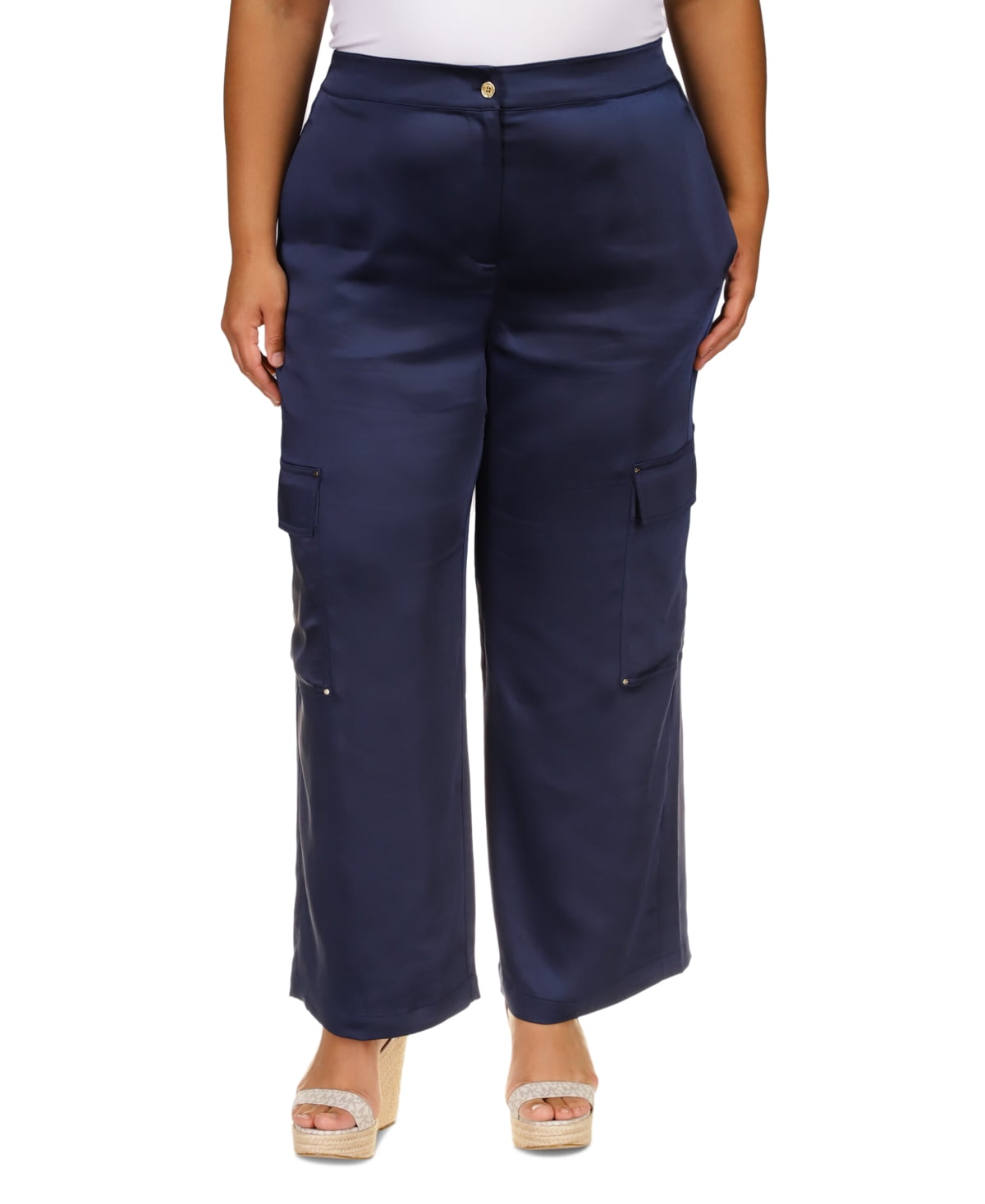 Womens Satin Casual Cargo Pants, Blue, Plus Size, 2X