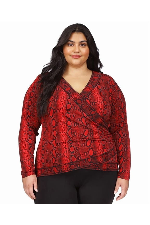 Plus Size Snakeskin-Print Crossover Border Top Crimson, 3X