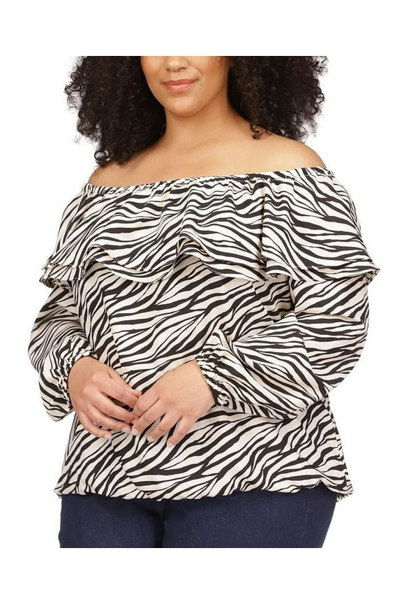 Womens Tiger Print Ruffled Cold Shoulder Blouse, Black, Plus Size, 3X