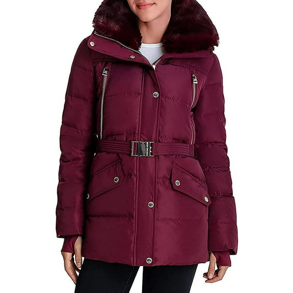 Michael Kors Quilted Coats for Women - Dark Ruby Extreme Cold Weather Jacket Down Coats for Women - Long-sleeve Full-zip Belted Faux Fur Women Winter Coat