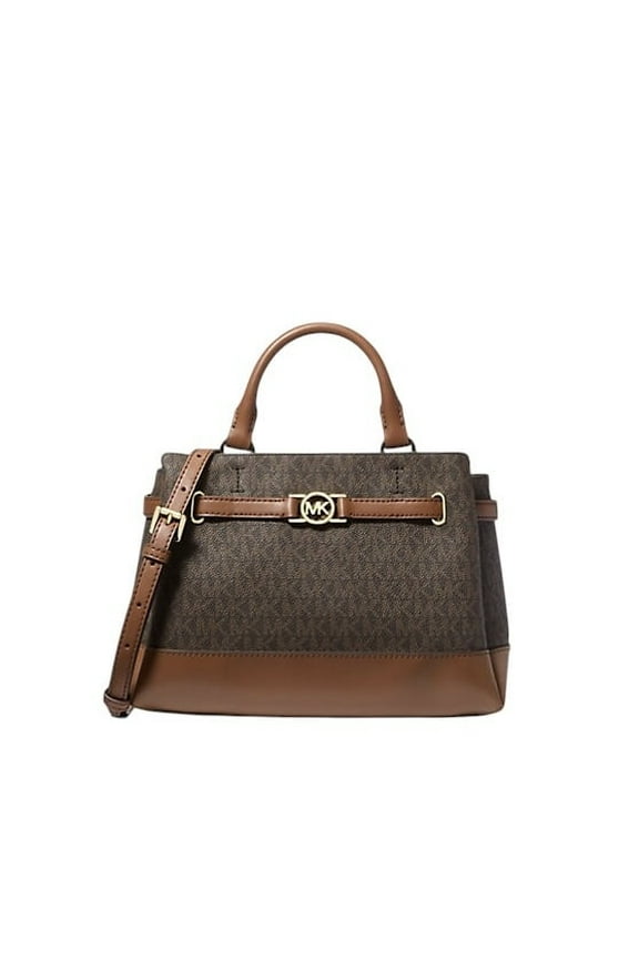 Reed Small Leather CZ Belted Logo Charm Crossbody Satchel Handbag (Brown)