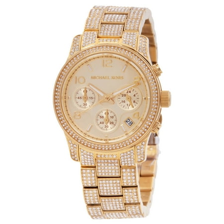 Michael Kors Runway Pave Chronograph Quartz Gold Dial Ladies Watch MK7435