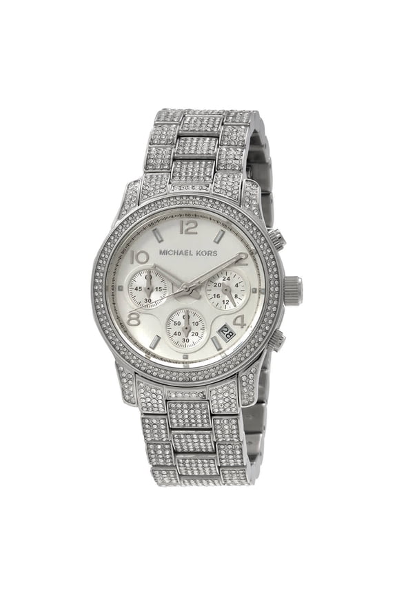 Runway Pave Chronograph Quartz Silver Dial Ladies Watch MK7434