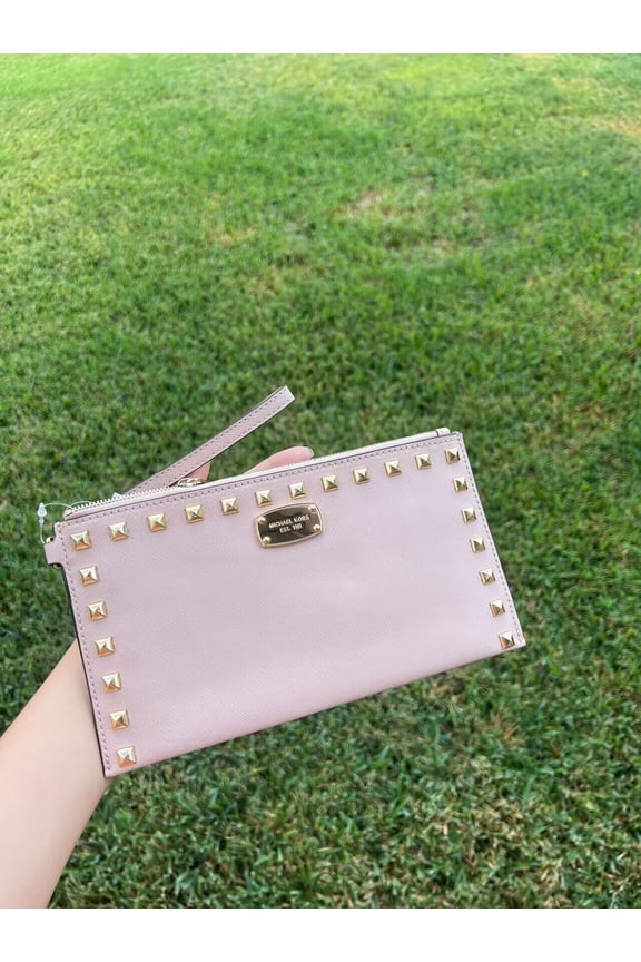 Sandrine Studded Large Zip Clutch Ballet NWT