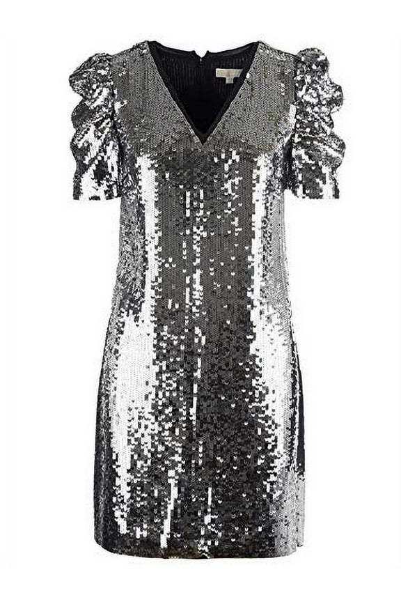 Sequined Georgette Dress, Silver/Black (0, Silver)