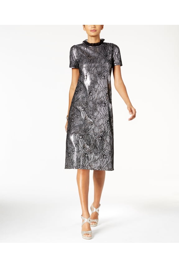 Michael Kors Sequined Lace Shift Dress Womens L Silver dress MSRP $325