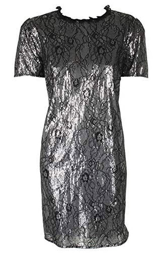 Sequined Lace Shift Dress Womens dress MSRP $250 Silver XL