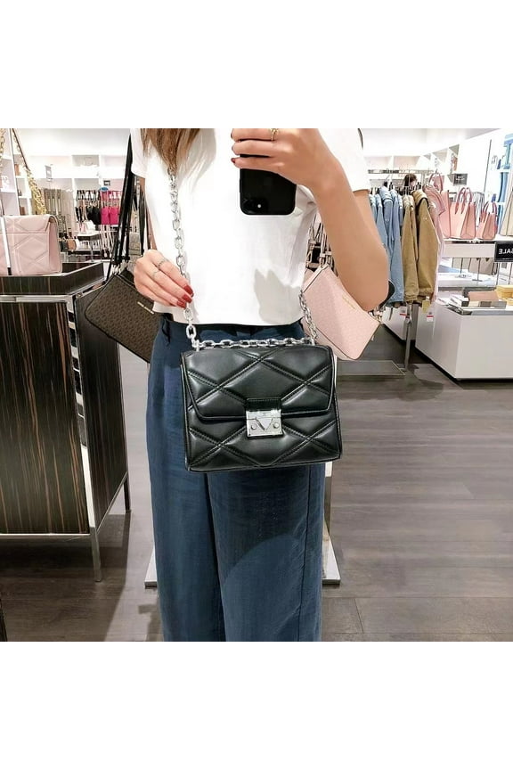 Medium Serena 35S2SNRL2U Quilted Flap Shoulder Bag In Black With Silver Hardware