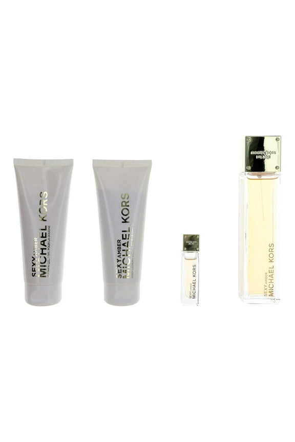 Sexy Amber , 4 Pc Gift Set 3.4oz EDP Spray, 0.33oz EDP Spray 3.4oz Body Lotion, 3.4oz Shower Gel
