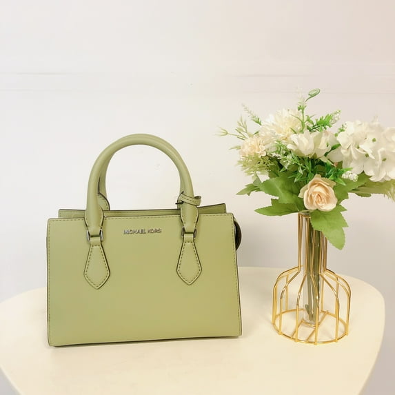 Michael Kors Sheila Small Light Sage Vegan Leather Center Zip Satchel Purse Bag