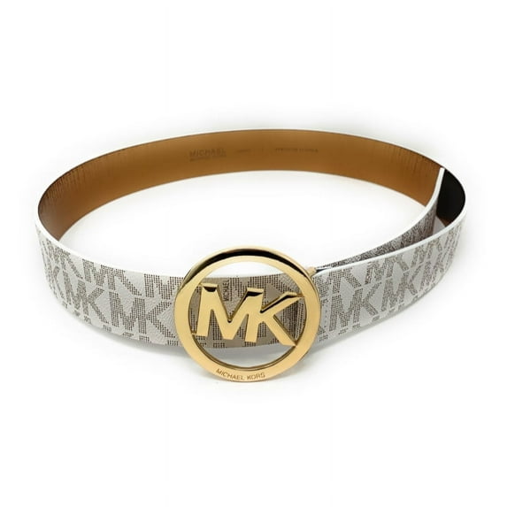 Michael Kors Signature Monogram MK Logo Round Buckle Women's Belt, Vanilla, Large