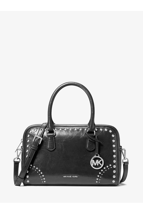 Thompson Medium Distressed Studded Satchel - Black
