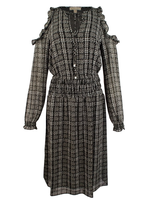 Michael Kors Tweed Haberdashery Print Georgette Cold Shoulder Midi Dress-B-M