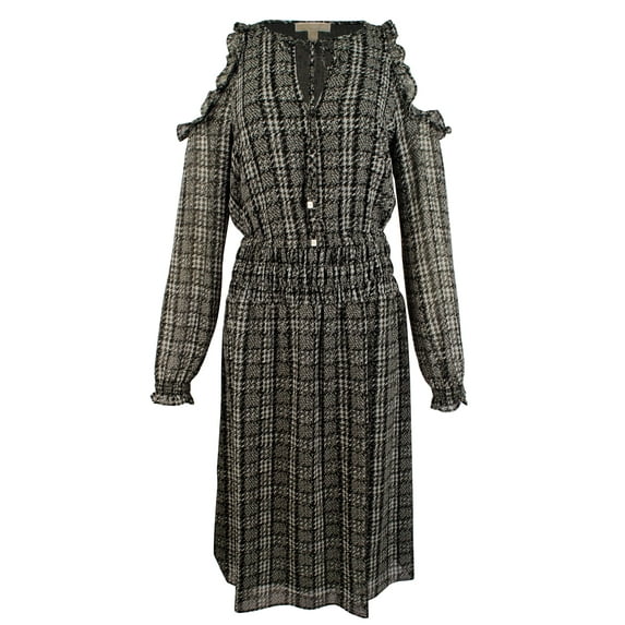 Michael Kors Tweed Haberdashery Print Georgette Cold Shoulder Midi Dress-B-S