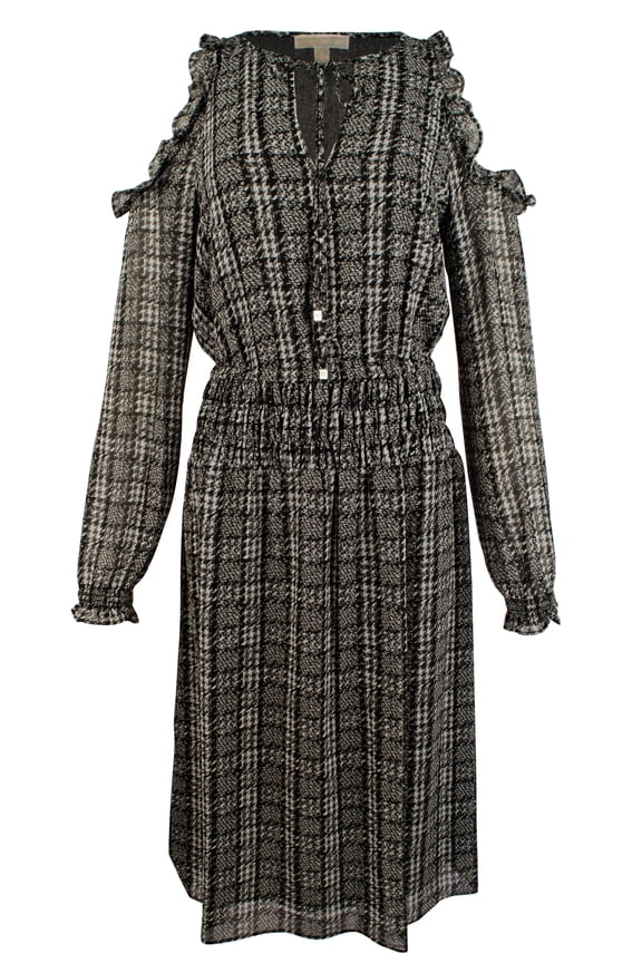 Michael Kors Tweed Haberdashery Print Georgette Cold Shoulder Midi Dress-B-XS