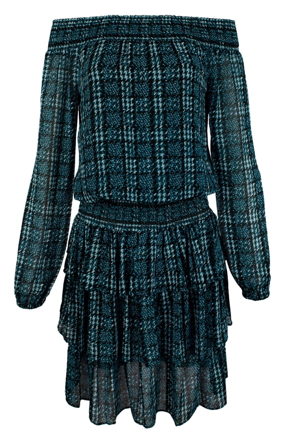 Michael Kors Tweed Haberdashery Print Georgette Off-The-Shoulder Dress-DT-XL