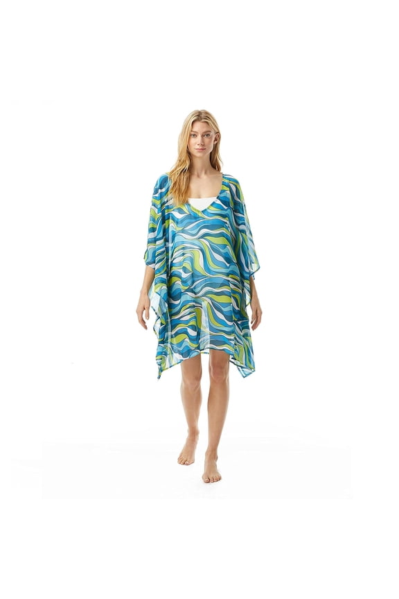 Wave V-Neck Caftan Cover-Up Cyan Blue XS/SM