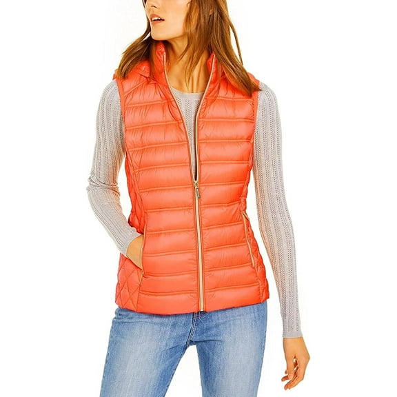 Michael Kors Winter Vest for Women - Best Quilted Women Puffer Vest - Comfort Puffer Jacket With Removable Hood – Lightweight, Sleeveless & Full-zip Orange Puffer Vest for Women
