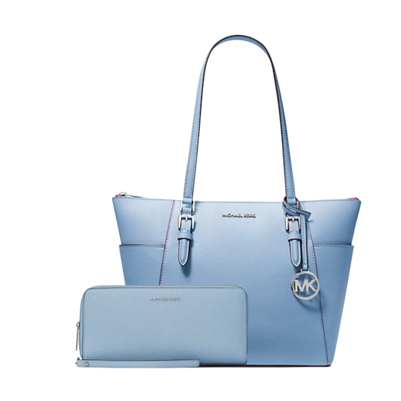 Michael Kors Women's Charlotte Large Saffiano Leather Top-Zip Tote Bag = Large Travel Continental Wristlet Wallet Light Sky