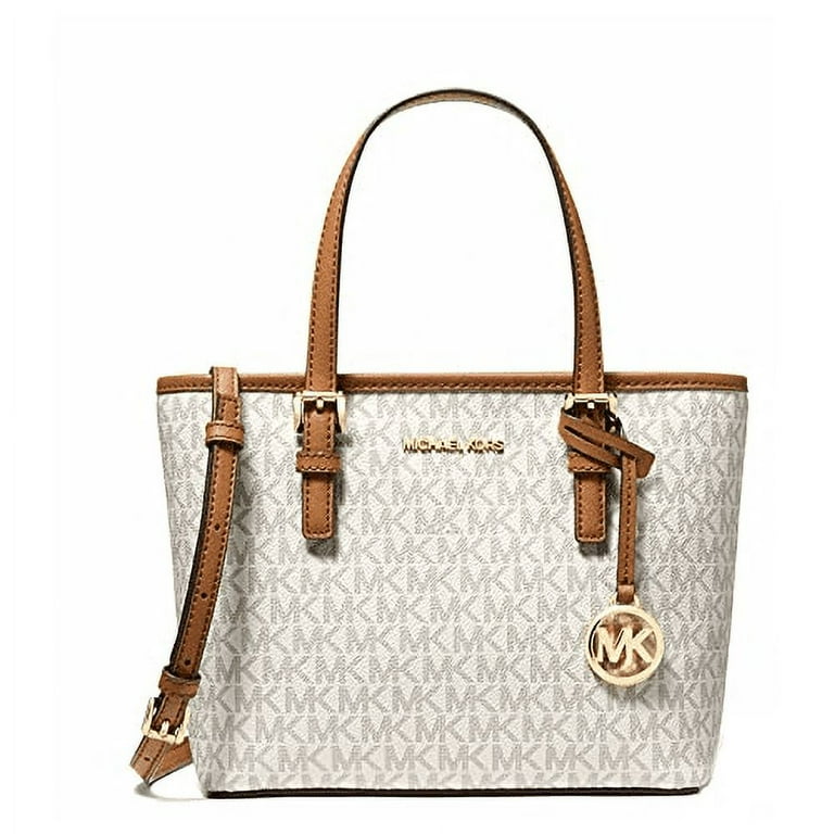 Michael Kors Women's 100% Leather MK pattern Tote Handbag, Vanilla