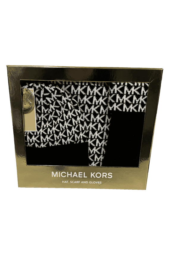 Womens 3-Piece Winter Gift Set  Hat, Scarf & Gloves, Black/White MK Logo