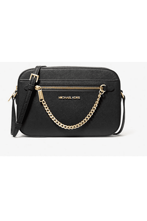 Women's Adult Two inside pockets leather East West Chain Crossbody Bag, Black/Large