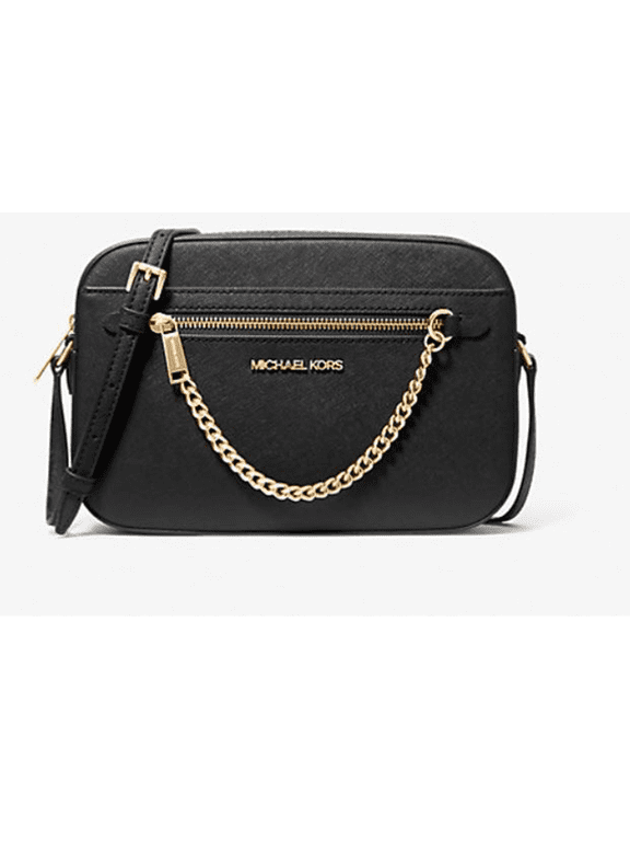 Women's Adult Two inside pockets leather East West Chain Crossbody Bag, Black/Large
