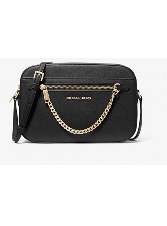 Women's Adult Two inside pockets leather East West Chain Crossbody Bag, Black/Large