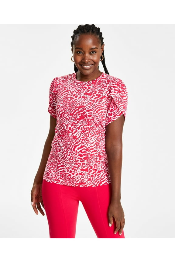 Womens Animal-Print Petal-Sleeve Top, Deep Pink,P/ Large