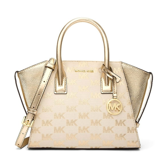 Michael Kors Women's Avril Small Signature Logo Jacquard Satchel Shoulder Crossbody Bag (Pale Gold)