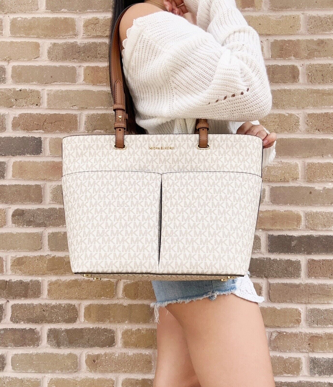 Shoulder Tote Michael Kors White And Brown Purse Michael Kors