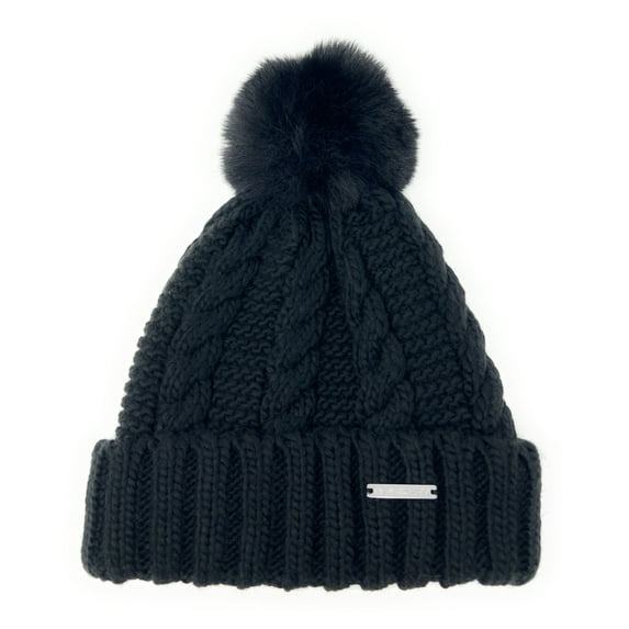 Michael Kors Women's Cable Knit Teddy Fleece Faux Fur Pom Pom Beanie Hat, Black