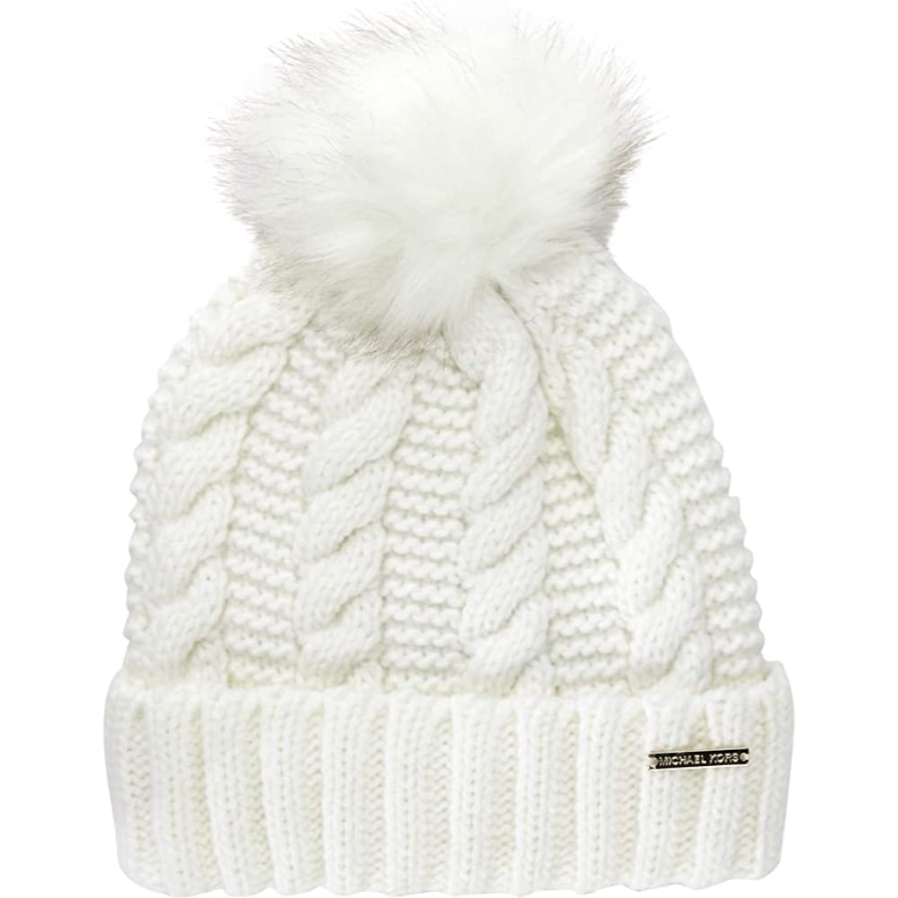 Kors Teddy Knit Pom Faux Cable Beanie Hat, Fur Pom Cream Women\'s Michael Fleece