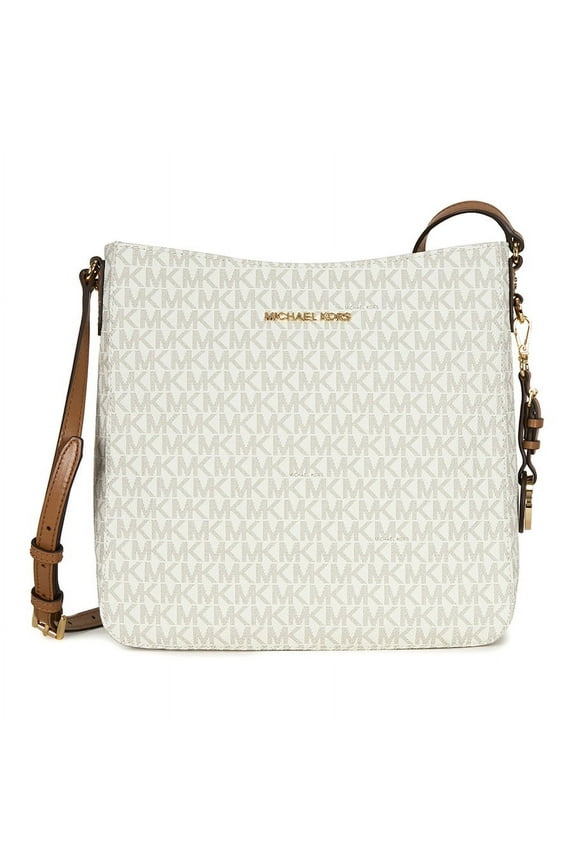 Women's Coated Canvas and Textile Messenger Handbag with Zipper, Vanilla