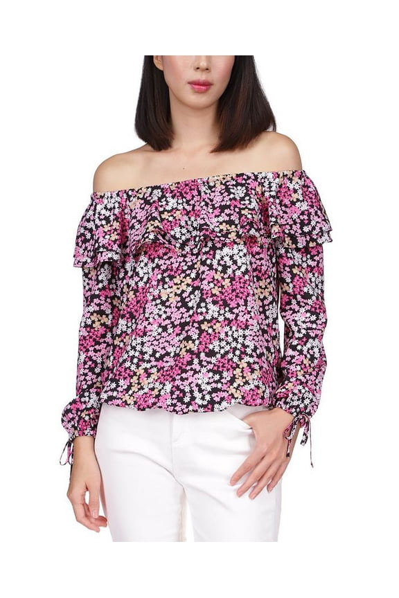 Women's Floral Print Ruffled Off The Shoulder Peasant Top Pink Size Petite X-Small