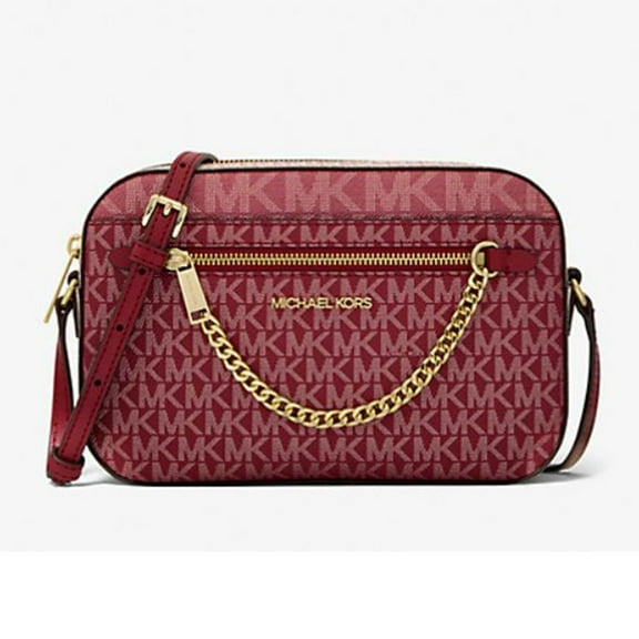 Michael Kors Women's Jet Set Large Metallic Signature Logo Crossbody Bag Cherry 35F5GTTC9V-Cherr