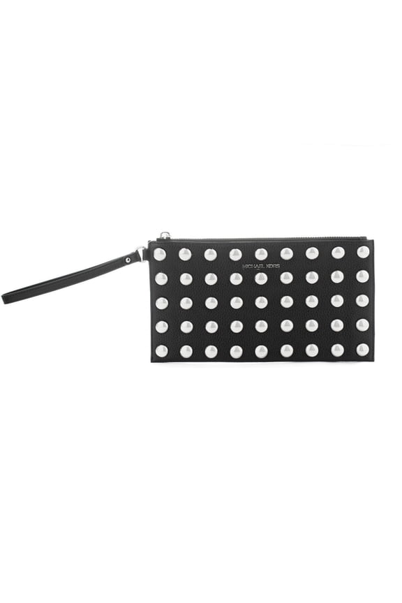 Women's Jet Set Large Studded Pebbled Leather Wristlet Pouch (Black)