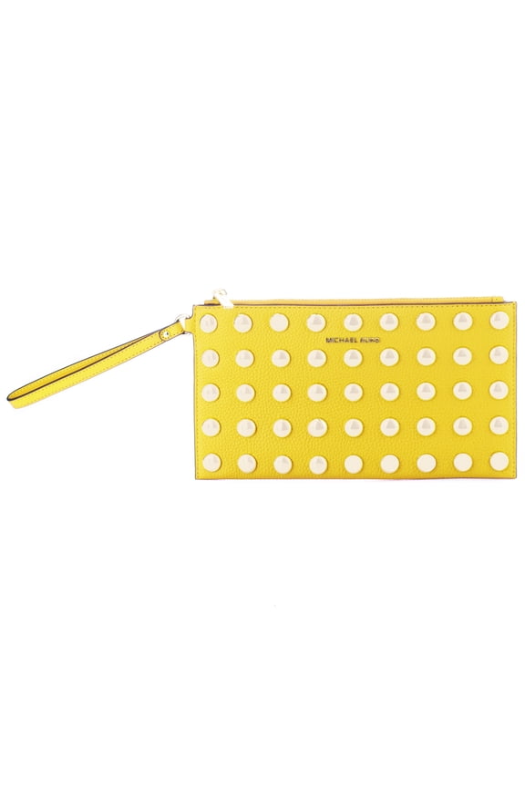Women's Jet Set Large Studded Pebbled Leather Wristlet Pouch (Daisy Yellow)