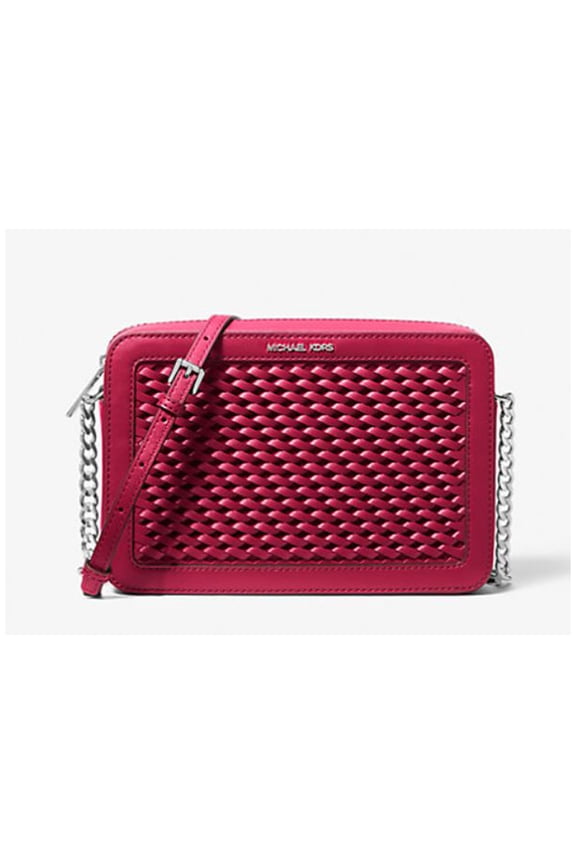 Women's Jet Set Large Woven Crossbody Bag (DK Raspberry) 35T5STTC3Y-984