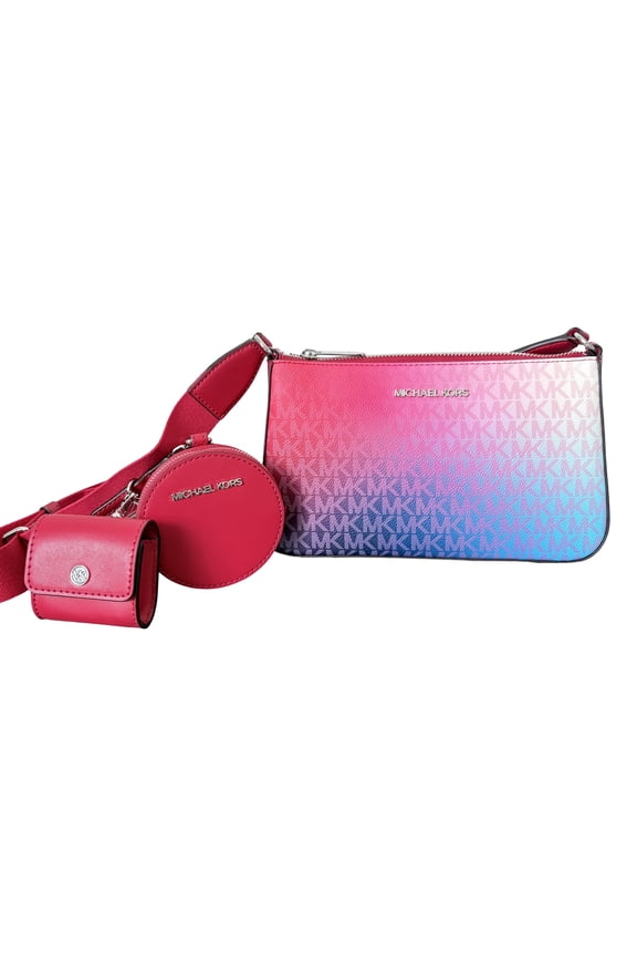 Women's Jet Set Small Ombré Signature Logo Crossbody Bag with Earbud Case and Coin Pouch ( Dark Raspberry Multi)