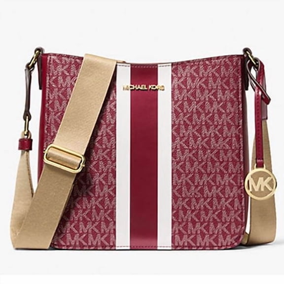 Michael Kors Women's Jet Set Small Signature Logo Stripe Crossbody Bag (Cherry / Gold)