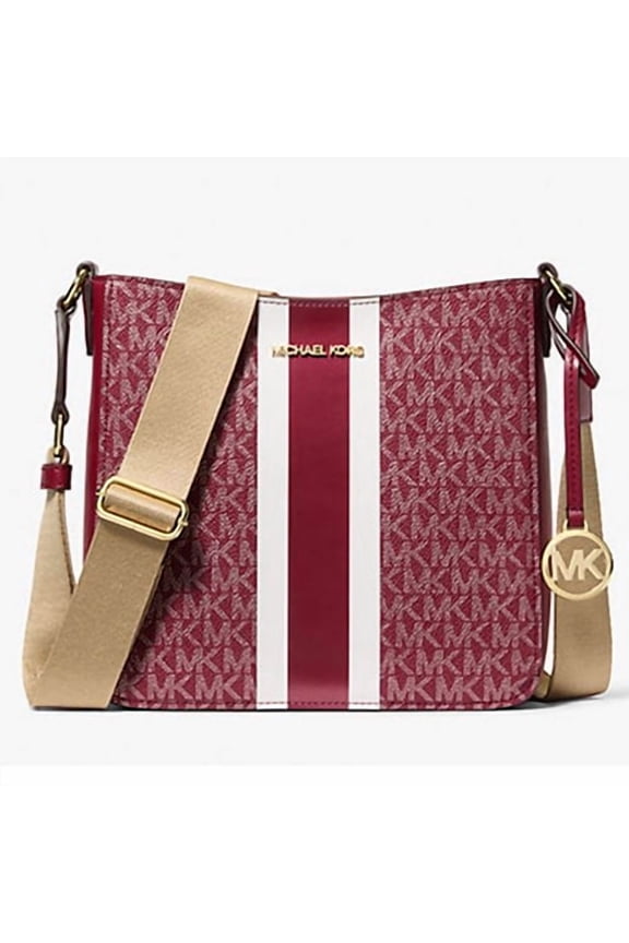Women's Jet Set Small Signature Logo Stripe Crossbody Bag (Cherry / Gold)