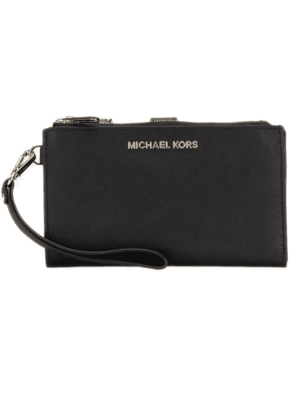 Women's Jet Set Travel Double Zip Wristlet, Black Saffiano Gold Hardware