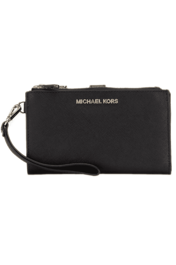 Women's Jet Set Travel Double Zip Wristlet, Black Saffiano Gold Hardware