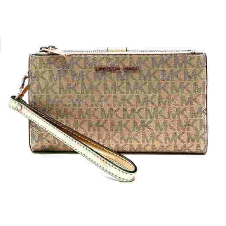 即発可【MK】Jet set double zip wristlet leopard★レパード柄 Michael Kors Signature Large Double Zip Phone Wallet, Jet