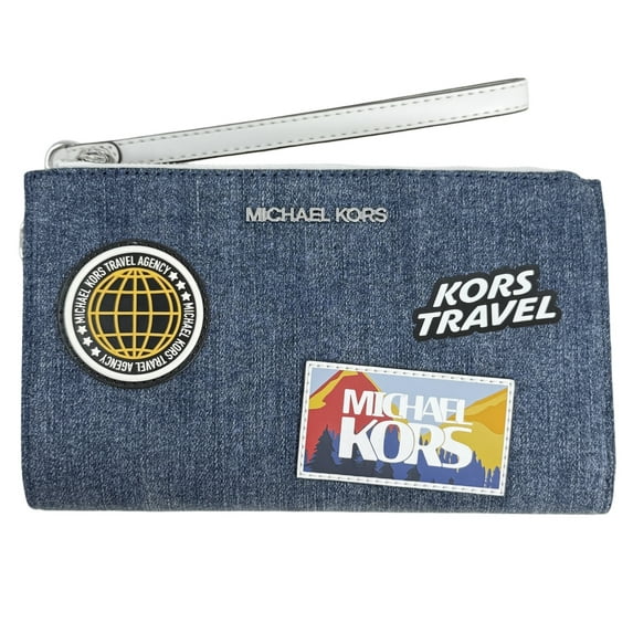Michael Kors Women's Jet Set Travel Large Embellished Denim Double Zip Wristlet (Denim)