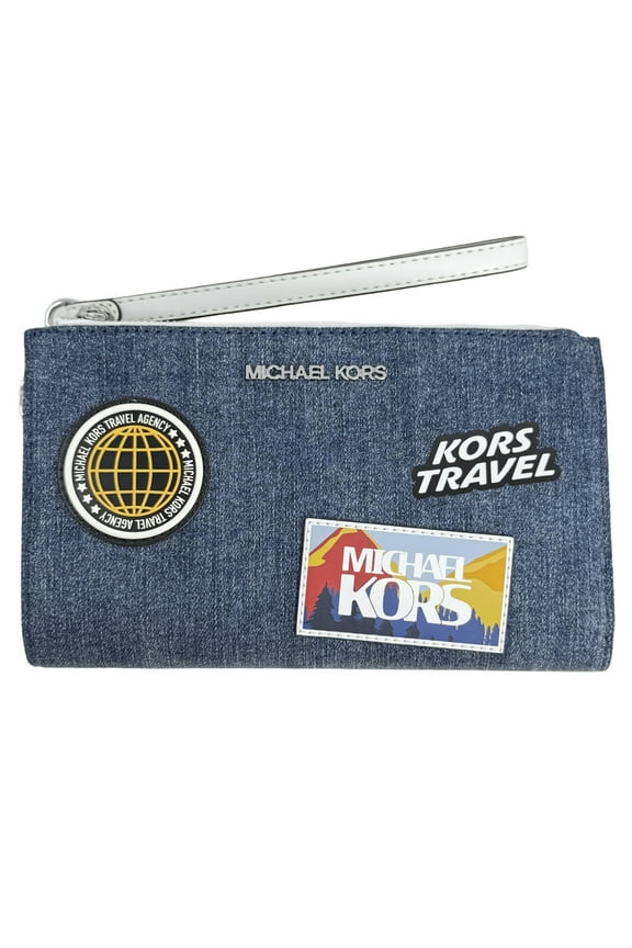 Women's Jet Set Travel Large Embellished Denim Double Zip Wristlet (Denim)