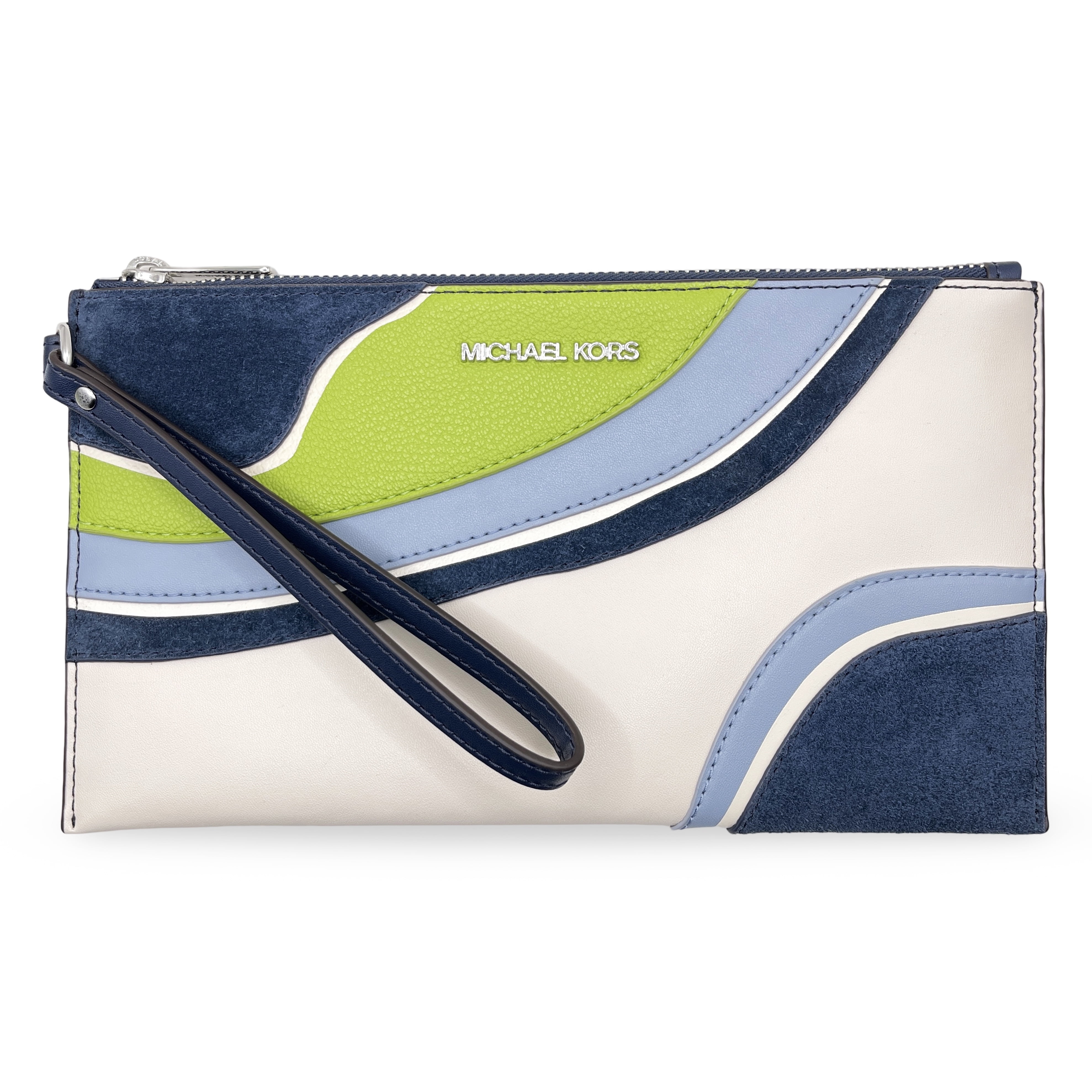 Michael Kors Women s Jet Set Travel Large Top Zip PU Leather Patchwork Wristlet Pouch Navy Multi