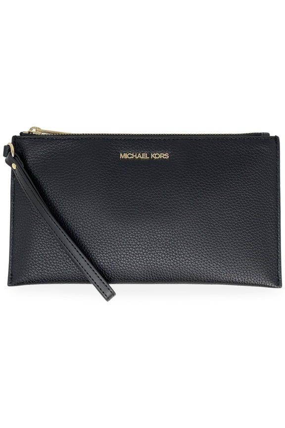 Women's Jet Set Travel Large Top Zip Pebbled Leather Wristlet Pouch (Black)